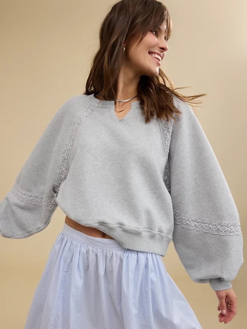 Aerie Gray Lace-Trim oversized Crewneck Sweater